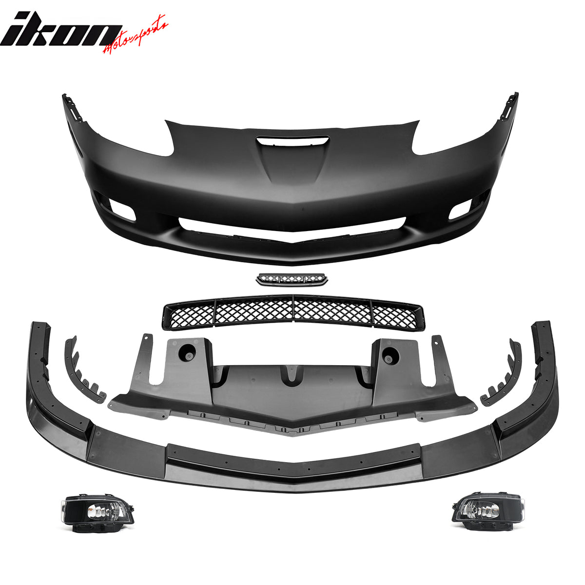 For 06-13 Corvette C6 Z06 Front Bumper Cover Conversion Foglight Gloss Black Lip