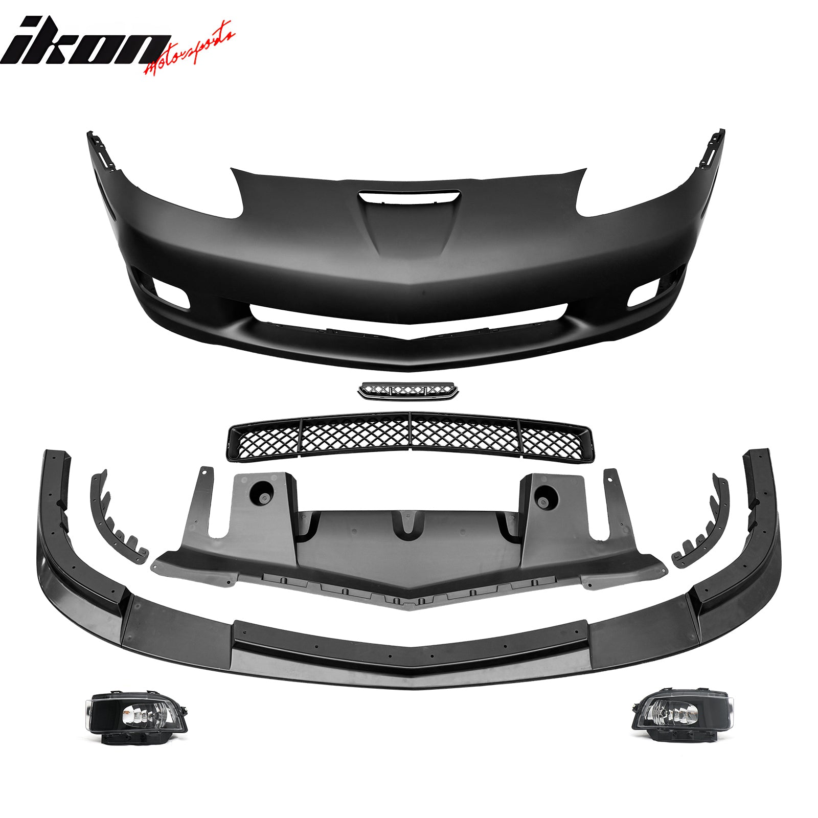 For 06-13 Corvette C6 Z06 Front Bumper Cover Conversion Foglight Gloss Black Lip