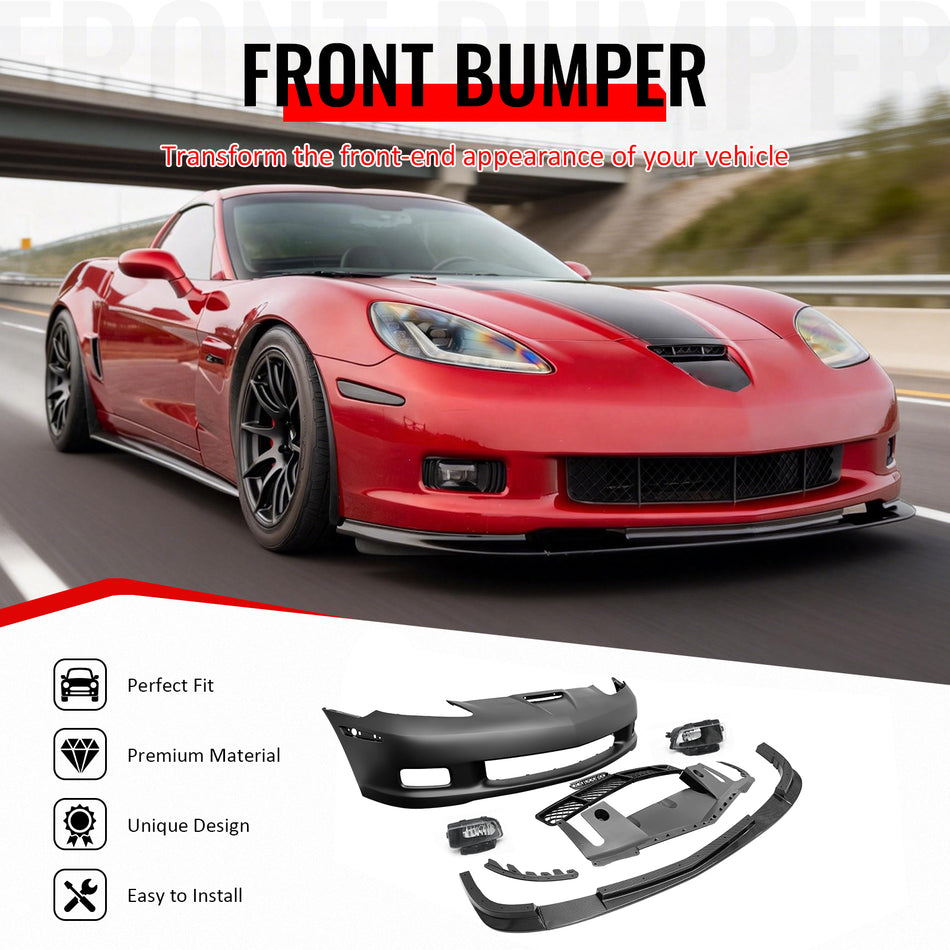 IKON MOTORSPORTS Front Bumper Cover, Compatible with 2006-2013 Chevy Corvette C6, Z06 Style Unpainted PP Bumper Conversion Kit + Holgen Foglights + Carbon Fiber Print ZR1 Style Lip