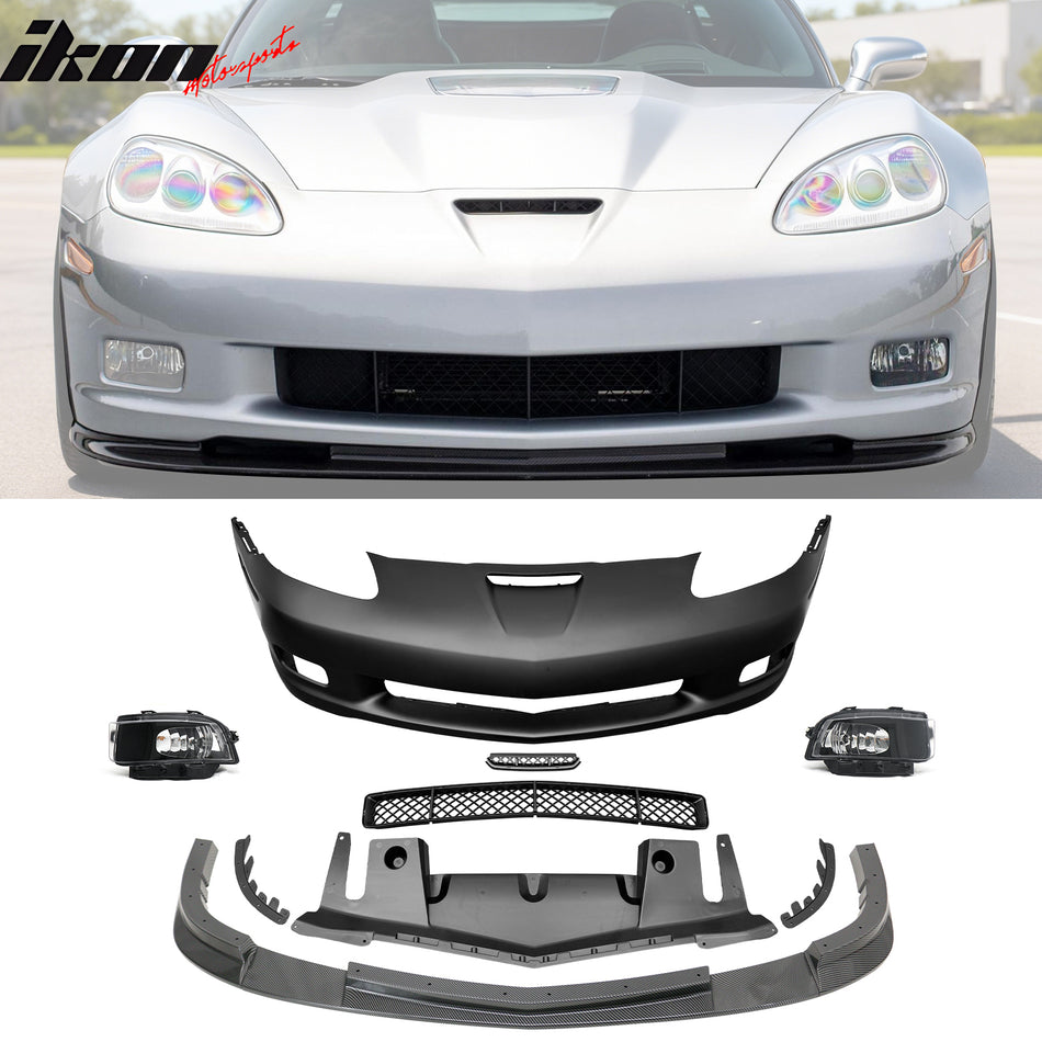 2006-2013 Chevy Corvette C6 Z06 Style Front Bumper Cover + Foglights + Carbon Fiber Print Lip