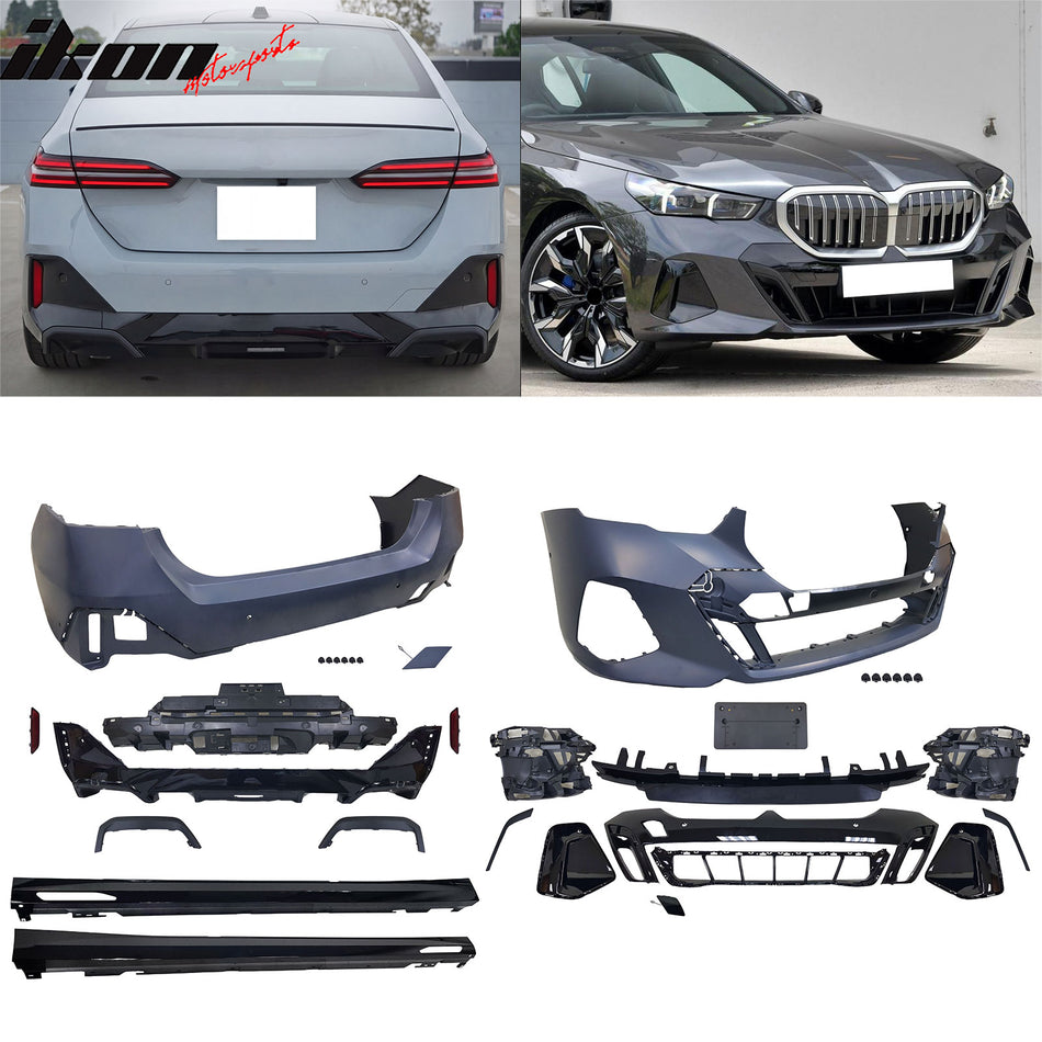 2024-2026 BMW G60 5-Series 530 540 550 Sedan M Sport Style Front & Rear Bumper Cover Conversion Assembly Replacement + MP Rocker Panel Unpainted PP