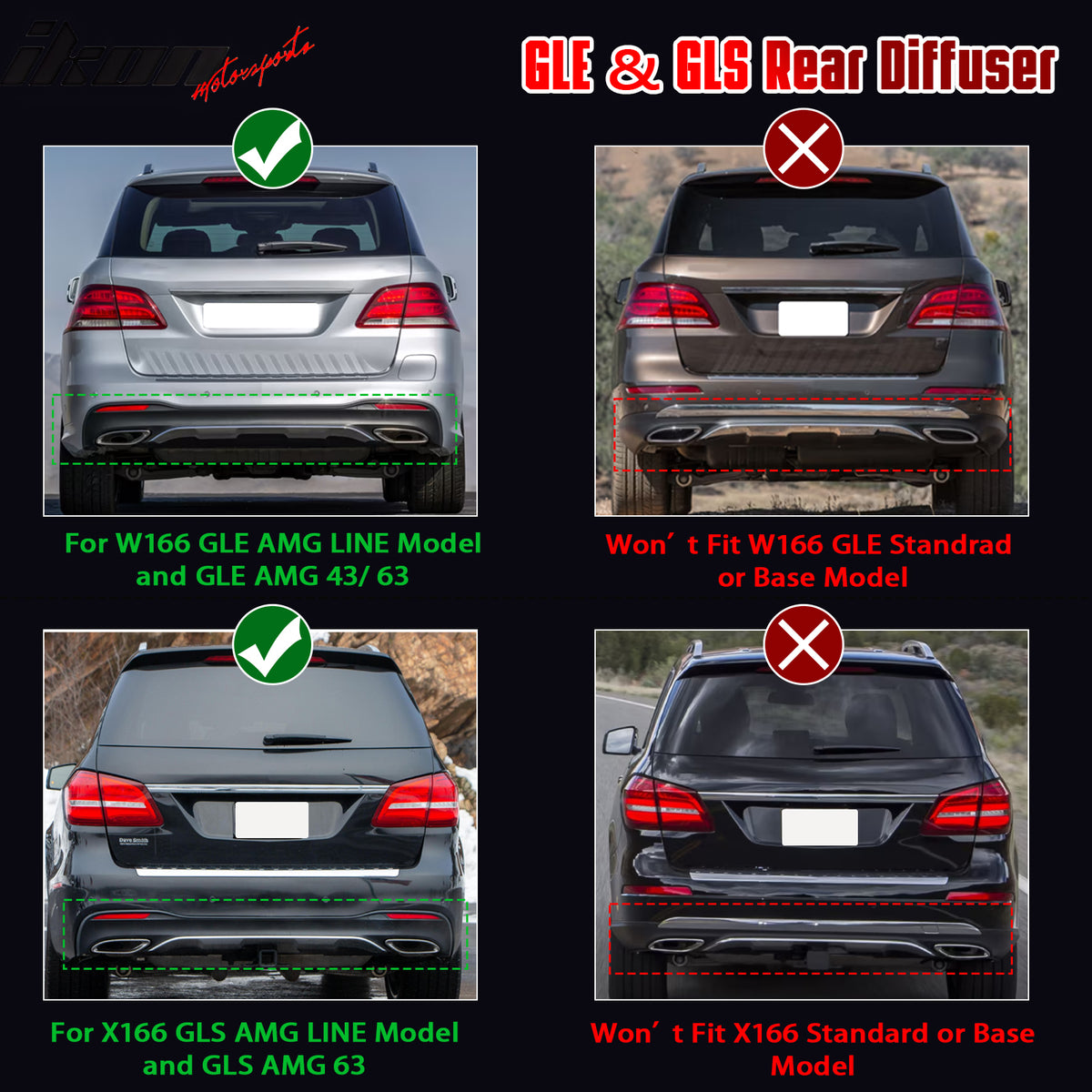 Fits 16-19 Benz GLE-Class GLS-Class Brabus Gloss Black Rear Diffuser Exhaust Tip