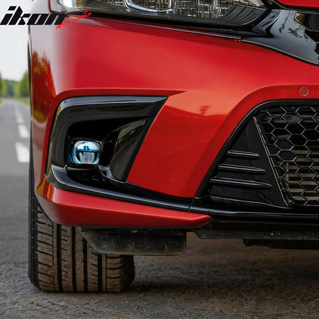 IKON MOTORSPORTS Fog Light Bezel w/ JDM Foglights, Compatible with 2022-2024 Honda Civic, Gloss Black OE Style Square Fog Light Holes Cover w/ Blue Lens White LED Lamps, Pair