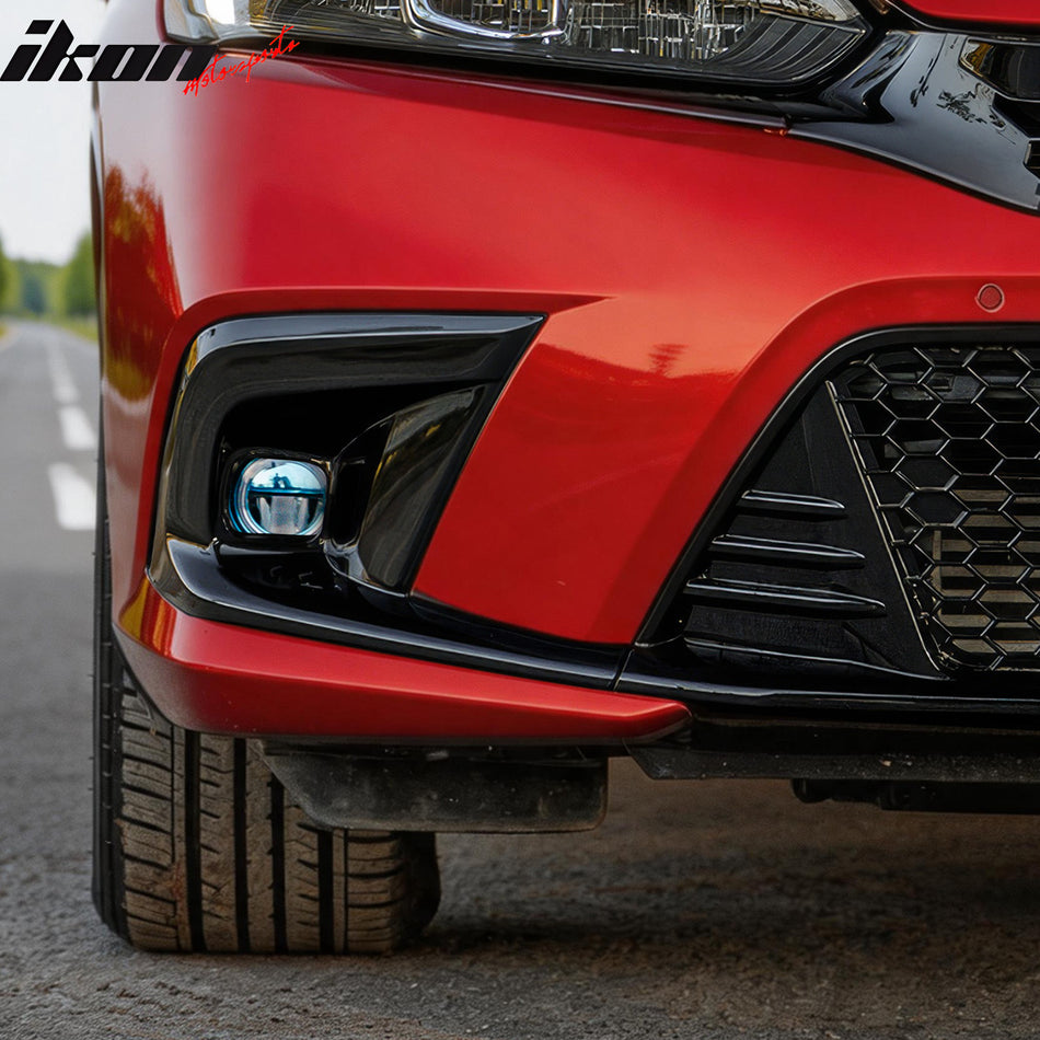 IKON MOTORSPORTS Fog Light Bezel w/ JDM Foglights, Compatible with 2022-2024 Honda Civic, Gloss Black OE Style Square Fog Light Holes Cover w/ Blue Lens White LED Lamps, Pair