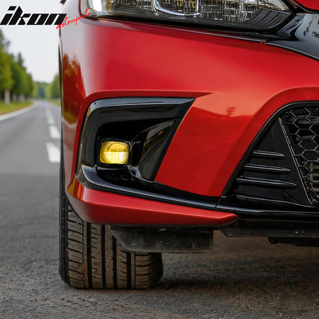 IKON MOTORSPORTS Fog Light Bezel w/ JDM Foglights, Compatible with 2022-2024 Honda Civic, Gloss Black OE Style Square Fog Light Holes Cover w/ Yellow Lens LED Lamps, Pair