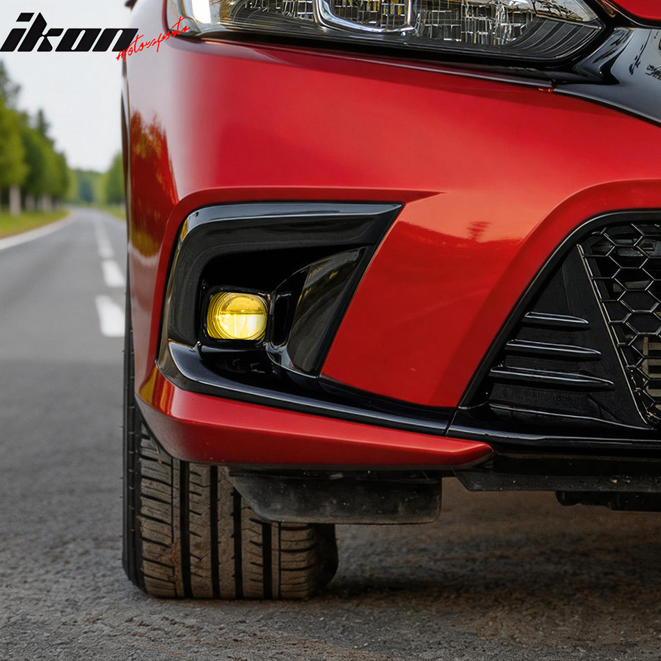 IKON MOTORSPORTS Fog Light Bezel w/ JDM Foglights, Compatible with 2022-2024 Honda Civic, Gloss Black OE Style Square Fog Light Holes Cover w/ Yellow Lens LED Lamps, Pair