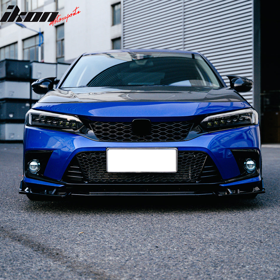 IKON MOTORSPORTS Fog Light Bezel w/ JDM Foglights, Compatible with 2022-2024 Honda Civic, Gloss Black OE Style Round Fog Light Holes Cover w/ Blue Lens White LED Lamps, Pair