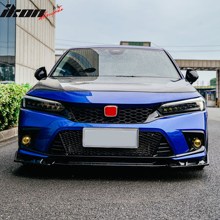 IKON MOTORSPORTS Round Holes Fog Light Bezel w/ JDM Foglights, Compatible with 2022-2024 Honda Civic, Gloss Black OE Style Covers w/ Yellow Lens LED Lamps, Pair