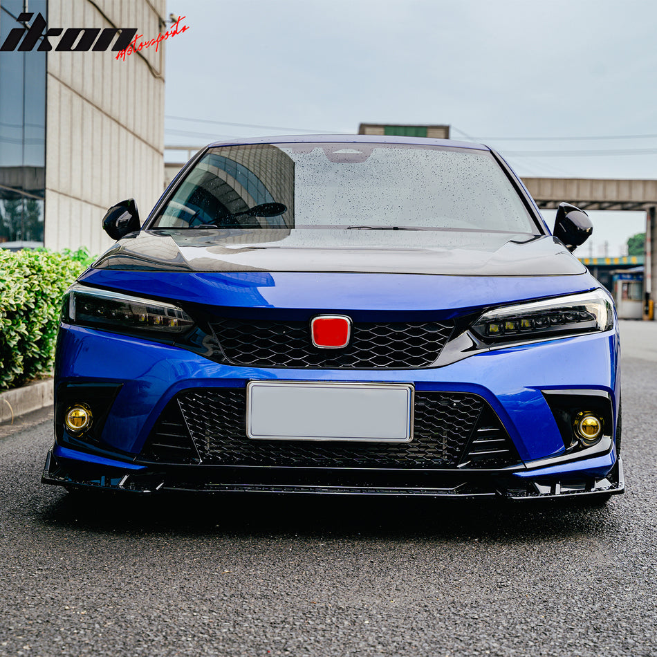 IKON MOTORSPORTS Round Holes Fog Light Bezel w/ JDM Foglights, Compatible with 2022-2024 Honda Civic, Gloss Black OE Style Covers w/ Yellow Lens LED Lamps, Pair