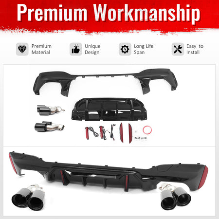 Fits 17-20 BMW 5 Series G30 M Sport Gloss Black LED Rear Diffuser w/Quad Exhaust
