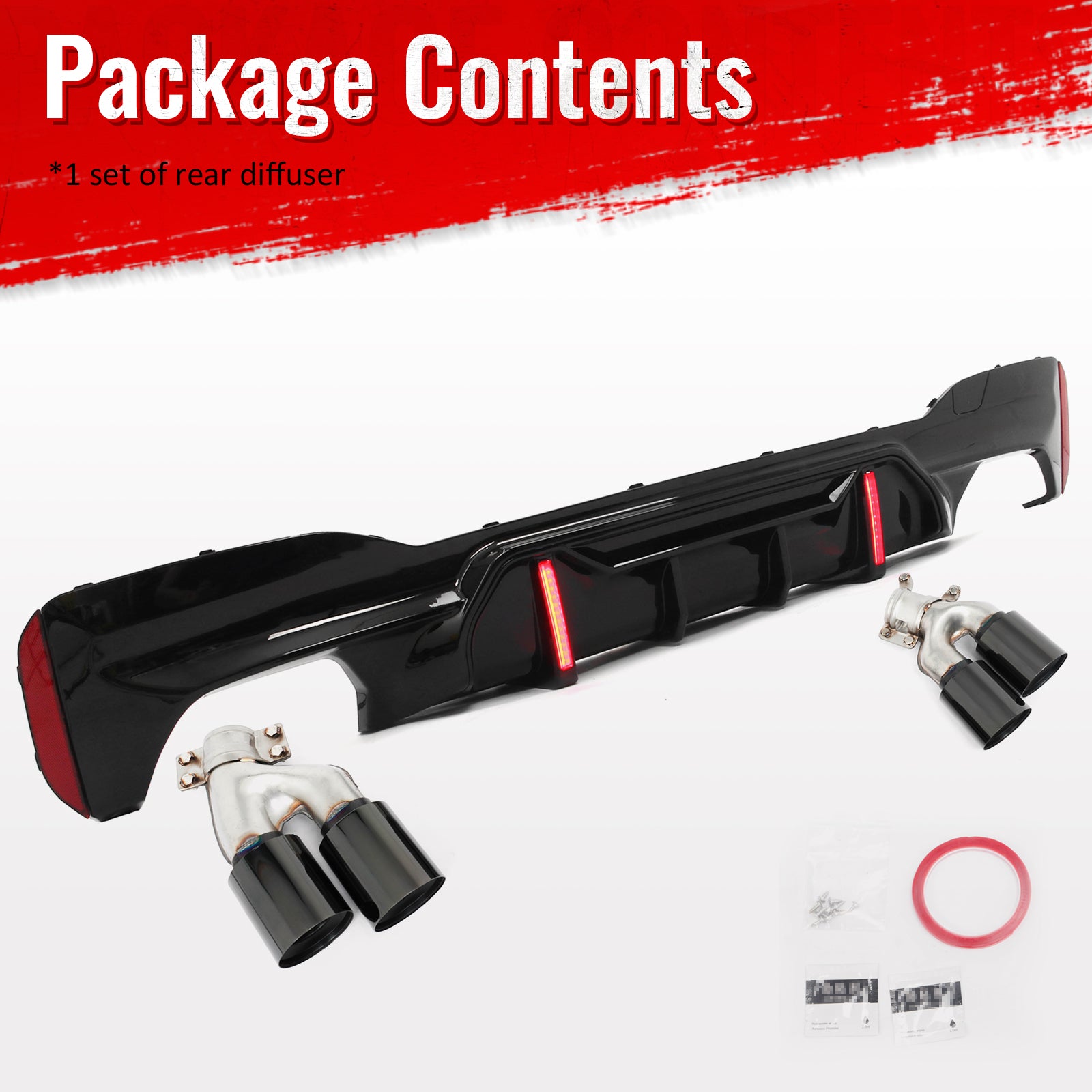 Fits 17-20 BMW 5 Series G30 M Sport Gloss Black LED Rear Diffuser w/Quad Exhaust