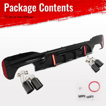Fits 17-20 BMW 5 Series G30 M Sport Gloss Black LED Rear Diffuser w/Quad Exhaust