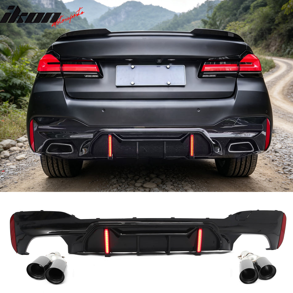 2017-2020 BMW 5 Series G30 M Sport IKON Style Gloss Black PP Rear Bumper Diffuser w/ LED Lights & Quad Exhaust