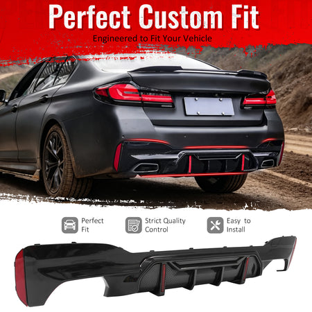 Fit 2017-2020 BMW 5 Series G30 Rear Diffuser CF Look Fin w/ Quad Exhaust