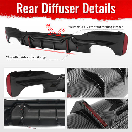 Fits 17-20 BMW 5 Series G30 M Sport LED Rear Diffuser CF Look Fin w/Quad Exhaust