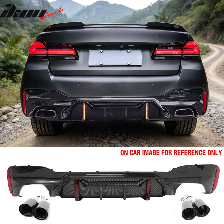2017-2020 BMW 5 Series G30 M Sport IKON Style PP Rear Bumper Diffuser CF Look Fin w/ LED & Quad Exhaust