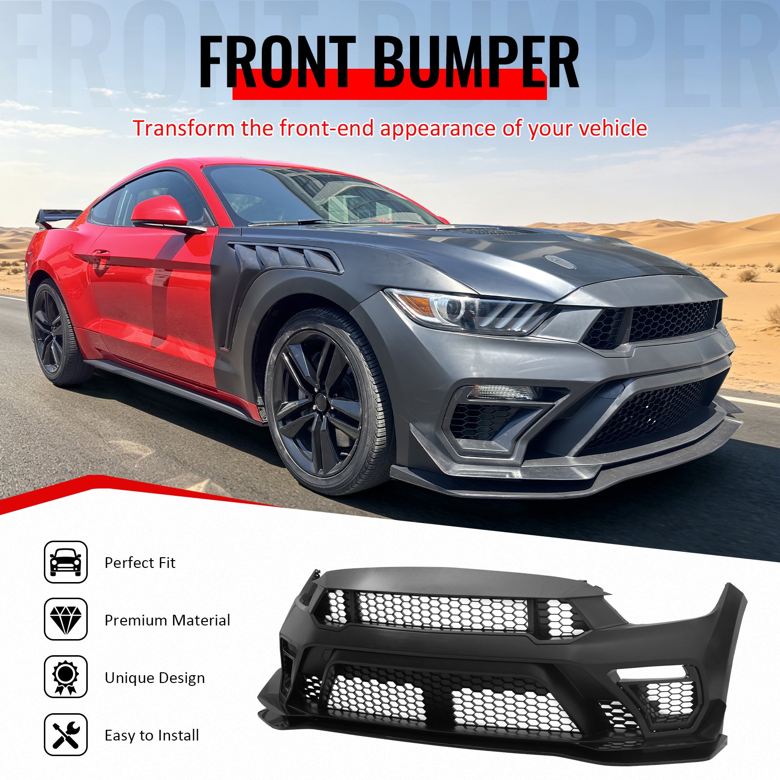 Fits 15-17 Ford Mustang GTD Style Front Bumper Cover W/ Grilles + Front Lip