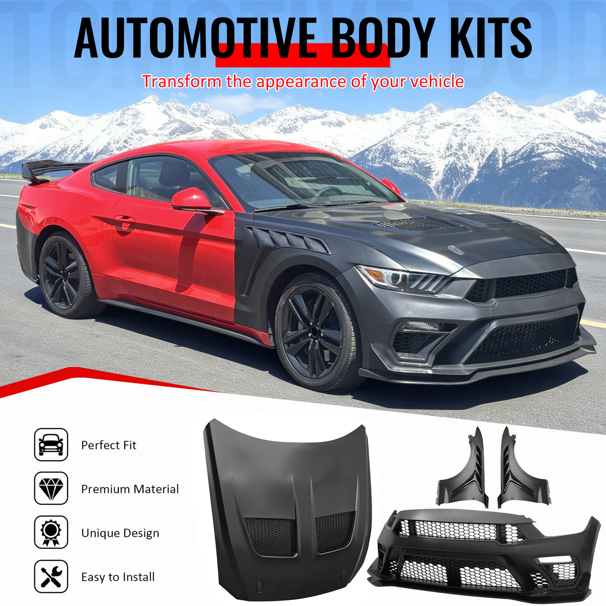 For 15-17 Ford Mustang GTD Style Front Bumper Cover + Fender + Hood +Grille