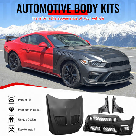 For 15-17 Ford Mustang GTD Style Front Bumper Cover + Fender + Hood +Grille