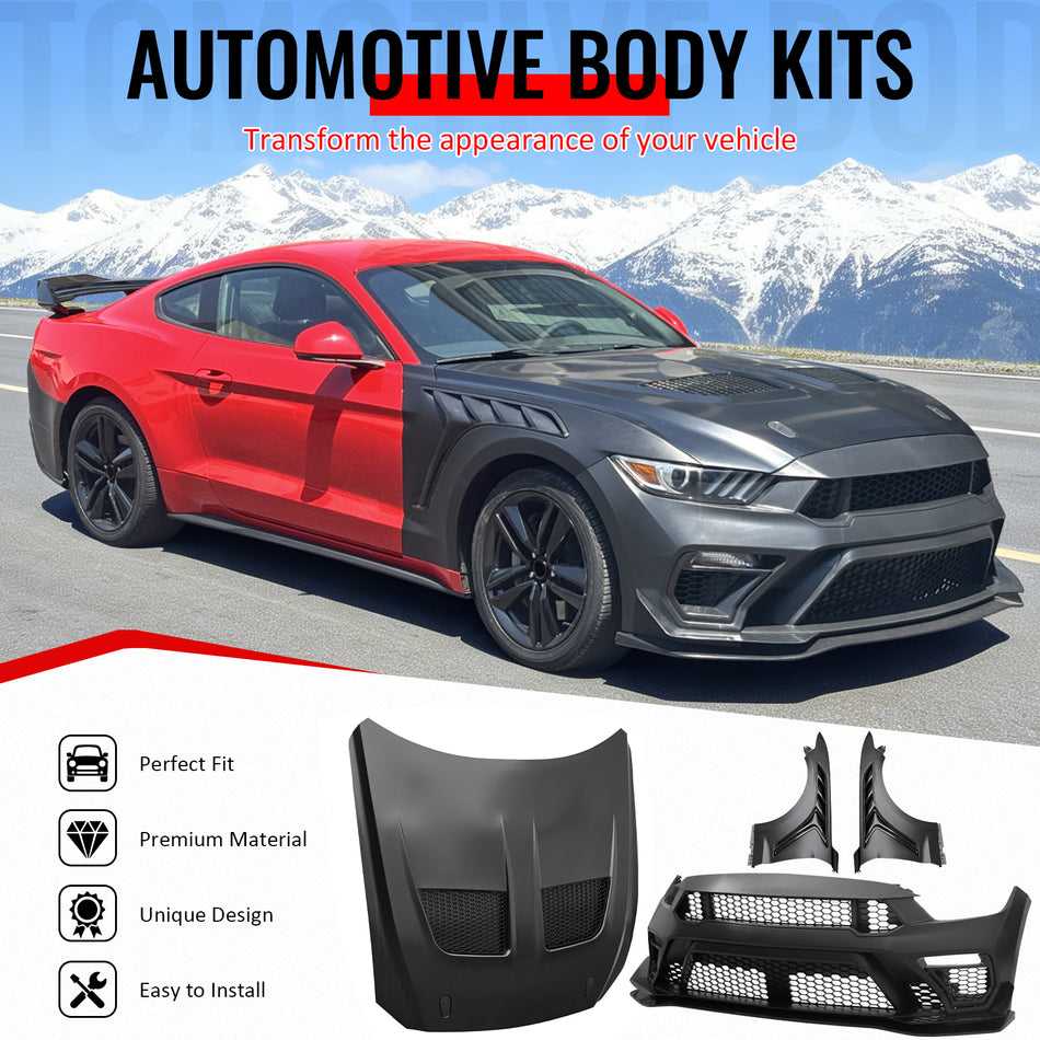 For 15-17 Ford Mustang GTD Style Front Bumper Cover + Fender + Hood +Grille