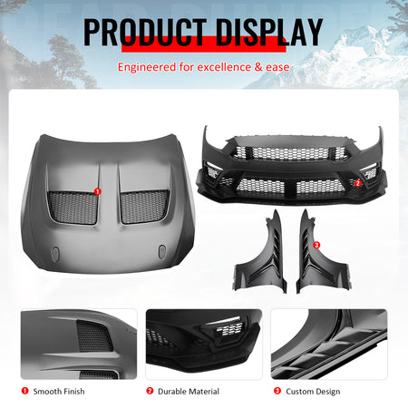 For 15-17 Ford Mustang GTD Style Front Bumper Conversion + Fender + Hood +Grille