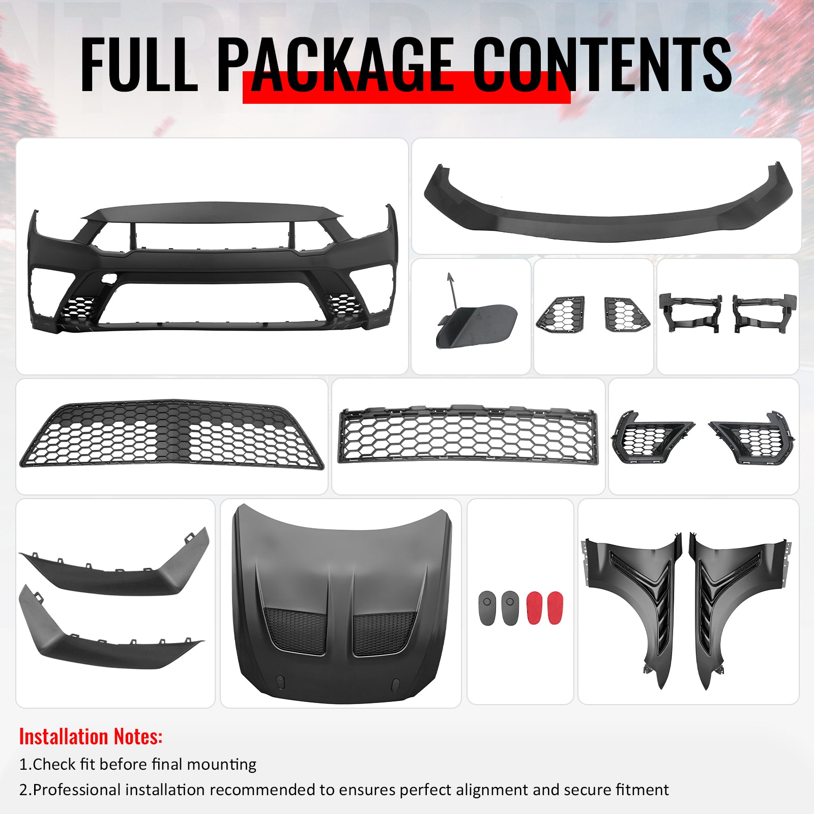 For 15-17 Ford Mustang GTD Style Front Bumper Conversion + Fender + Hood +Grille