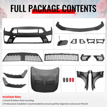 For 15-17 Ford Mustang GTD Style Front Bumper Conversion + Fender + Hood +Grille