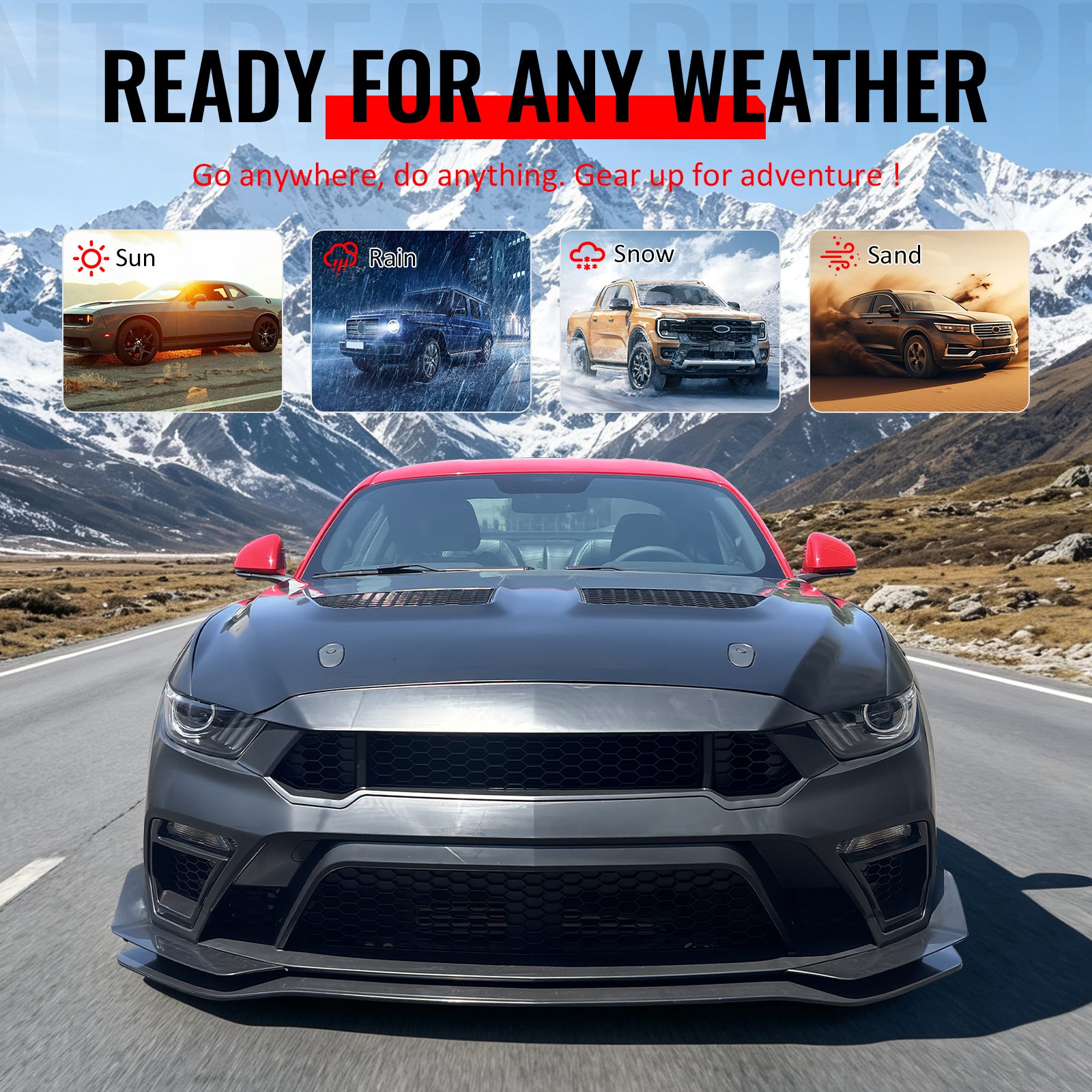 For 15-17 Ford Mustang GTD Style Front Bumper Conversion + Fender + Hood +Grille