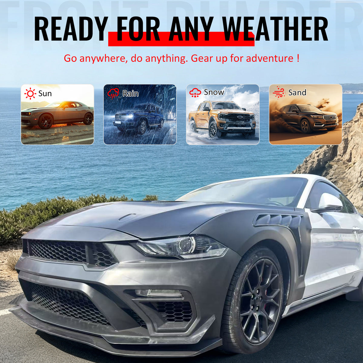 Fits 18-23 Ford Mustang GTD Style Front Bumper Conversion W/ Grilles + Front Lip