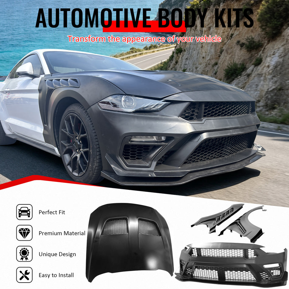 For 18-23 Ford Mustang GTD Style Front Bumper Cover + Fender + Hood +Grille