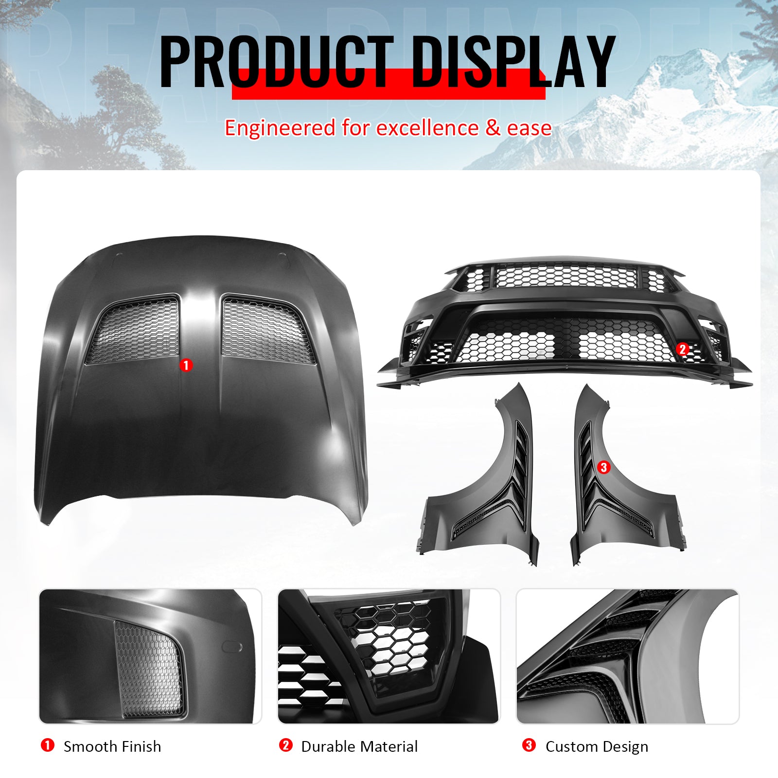 For 18-23 Ford Mustang GTD Style Front Bumper Conversion + Fender + Hood +Grille