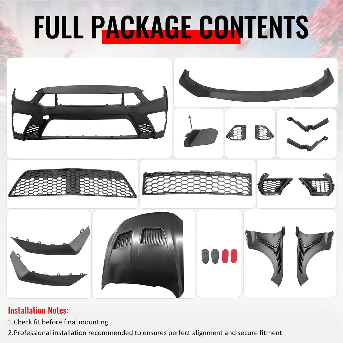 For 18-23 Ford Mustang GTD Style Front Bumper Conversion + Fender + Hood +Grille