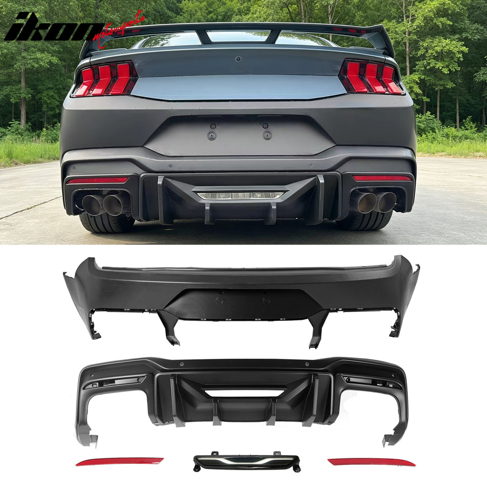 2015-2023 Ford Mustang Rear Bumper + Matte Black Rock Diffuser + GT-C Brake Light + Reflector