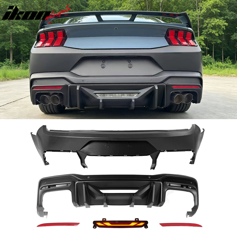 2015-2023 Ford Mustang Rear Bumper + Matte Black Rock Diffuser + GT-V Brake Light + Reflector