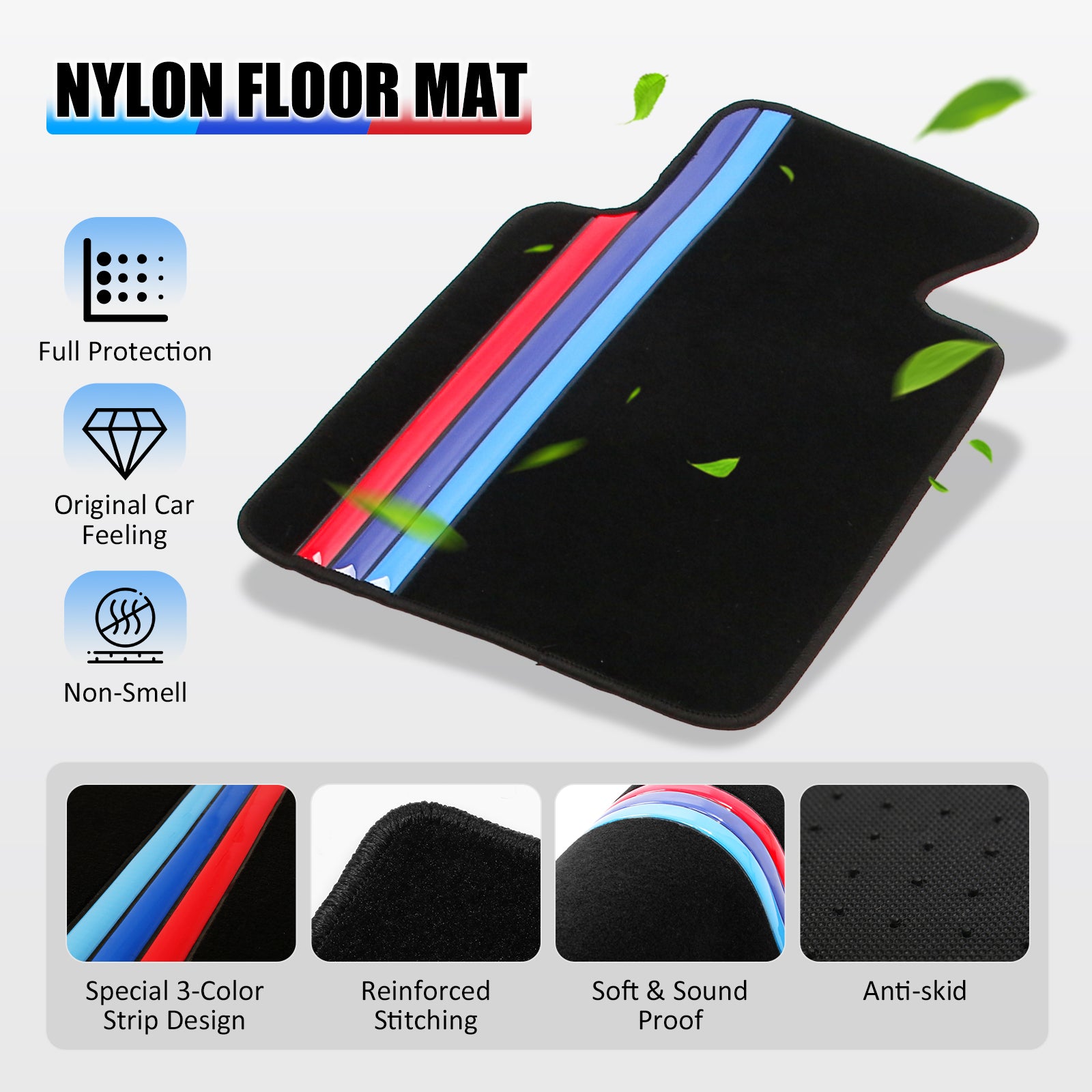 99-06 E46 M3 Floor Mats Black M Color Stripe Carpet Front Rear Nylon FOR: (BMW)