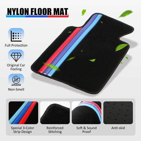 99-06 E46 M3 Floor Mats Black M Color Stripe Carpet Front Rear Nylon FOR: (BMW)