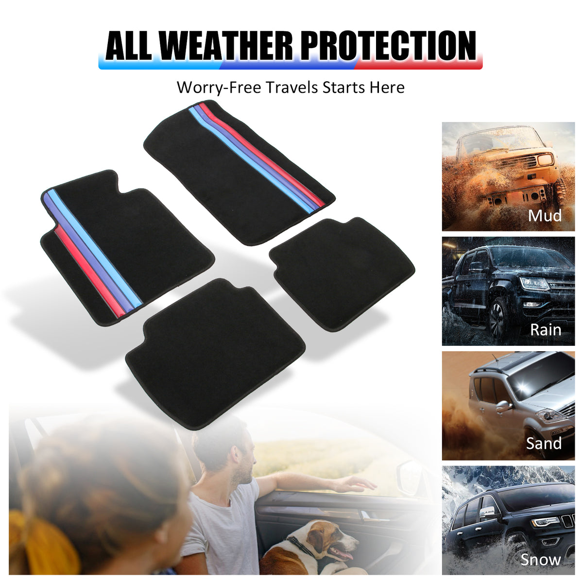 99-06 E46 M3 Floor Mats Black M Color Stripe Carpet Front Rear Nylon FOR: (BMW)