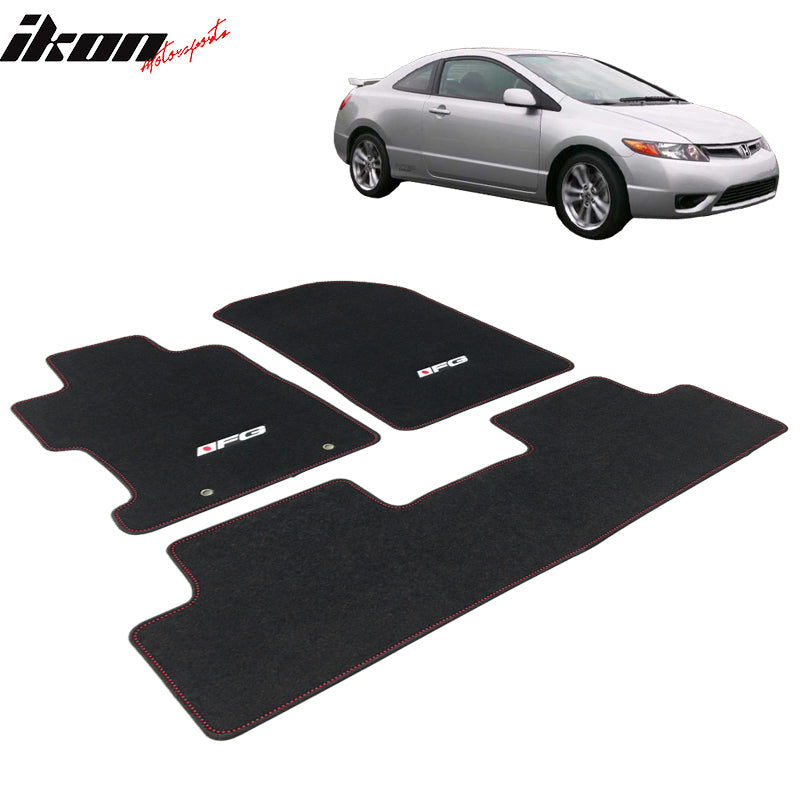 Car Floor Mat for 2006-2011 Honda Civic Black Red Stitch 3PC Nylon