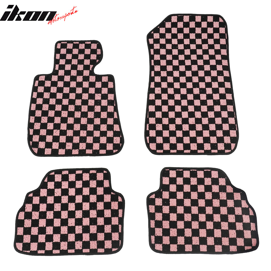 2007-2013 BMW E92 3-Series Coupe Black Pink Plaid Front Rear Full Set Waterproof Floor Mats Checkered Carpets PP & Loop Pile Surface & TPE Backing 4PC