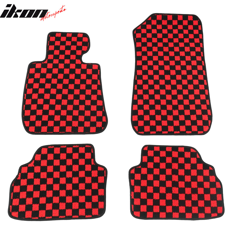 2007-2013 BMW E92 3-Series Coupe Black Red Plaid Front Rear Full Set Waterproof Floor Mats Checkered Carpets PP & Loop Pile Surface & TPE Backing 4PCS