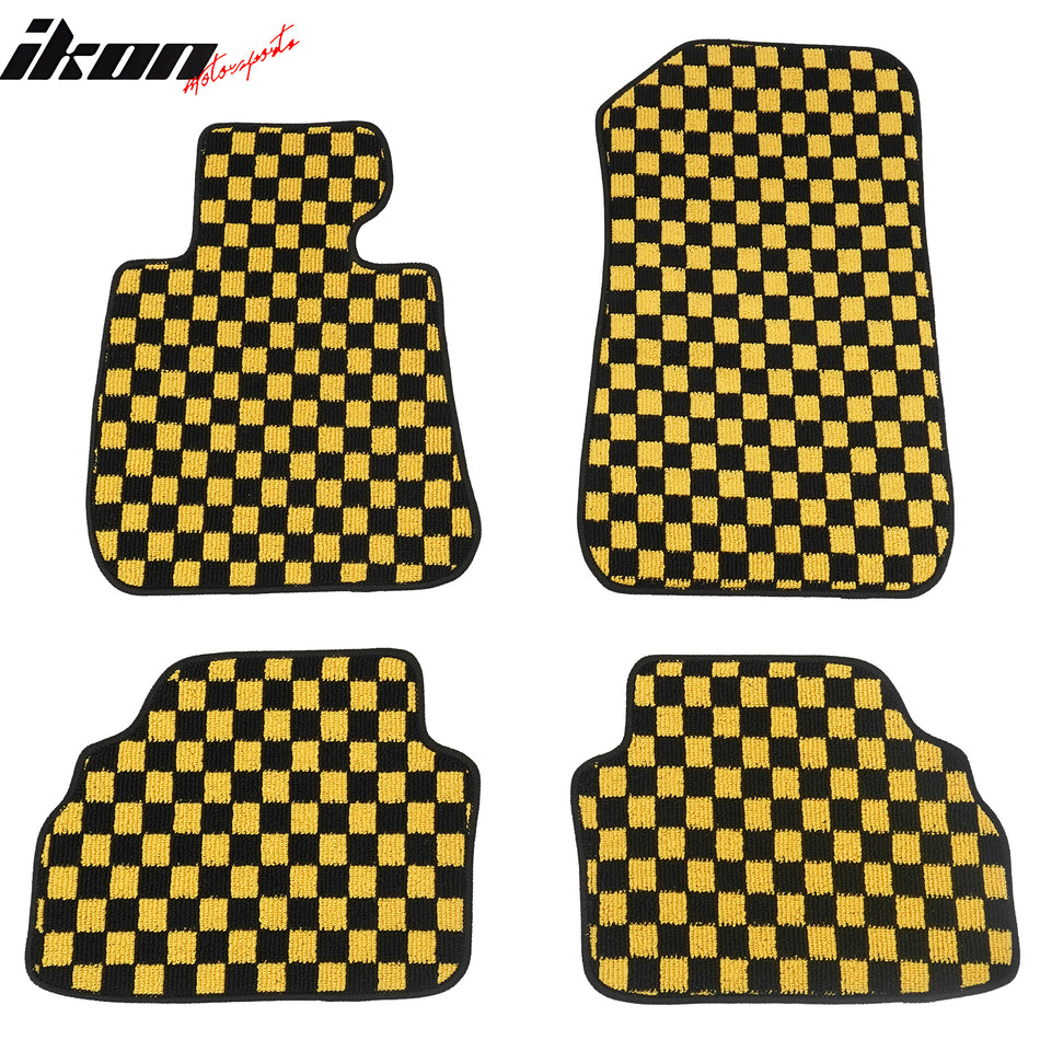 2007-2013 BMW E92 3-Series Coupe Black Yellow Plaid Front Rear Full Set Waterproof Floor Mats Checkered Carpets PP & Loop Pile Surface TPE Backing 4PC