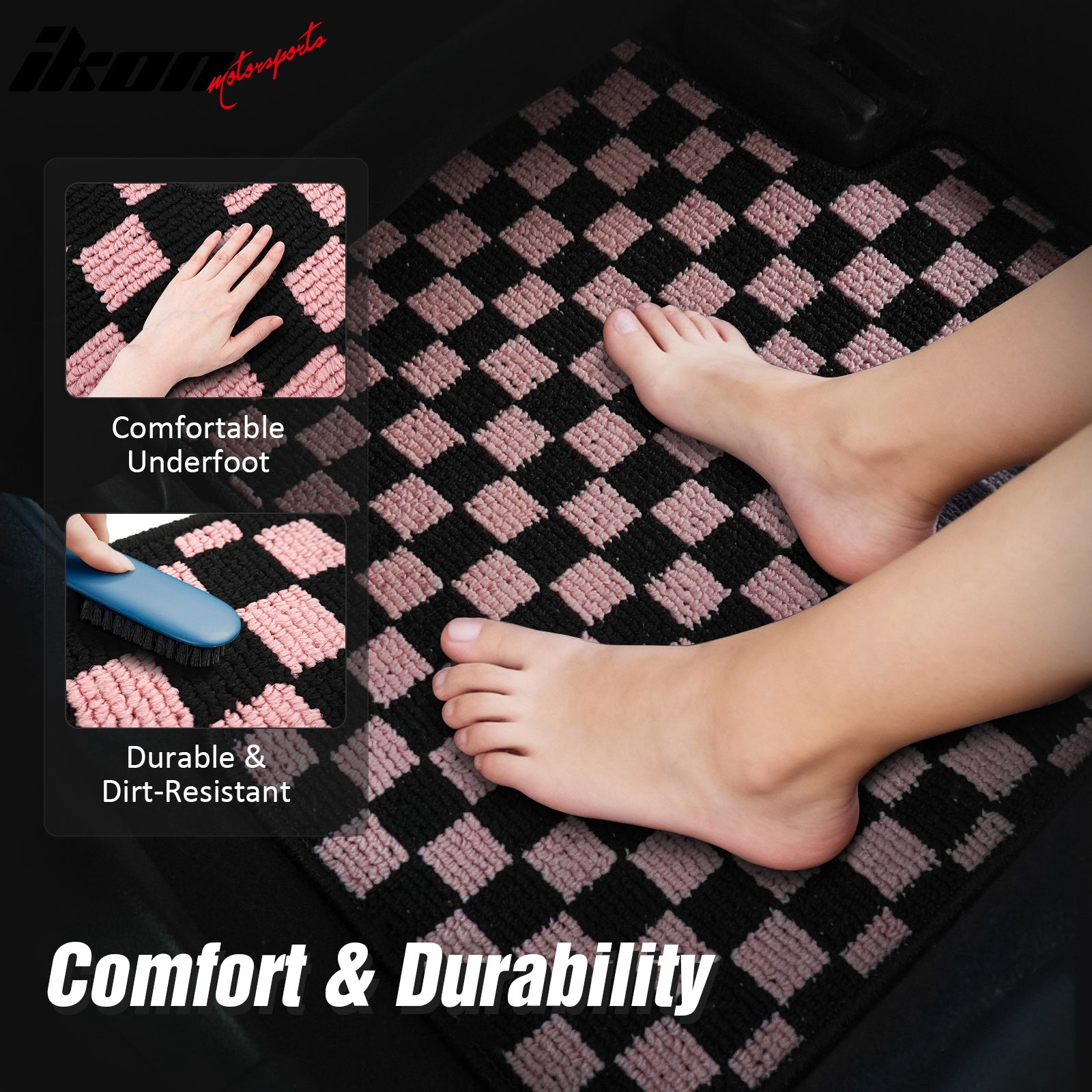Fits 16-21 Honda Civic Anti-slip Floor Mats Checkered Carpets Black Pink Plaid