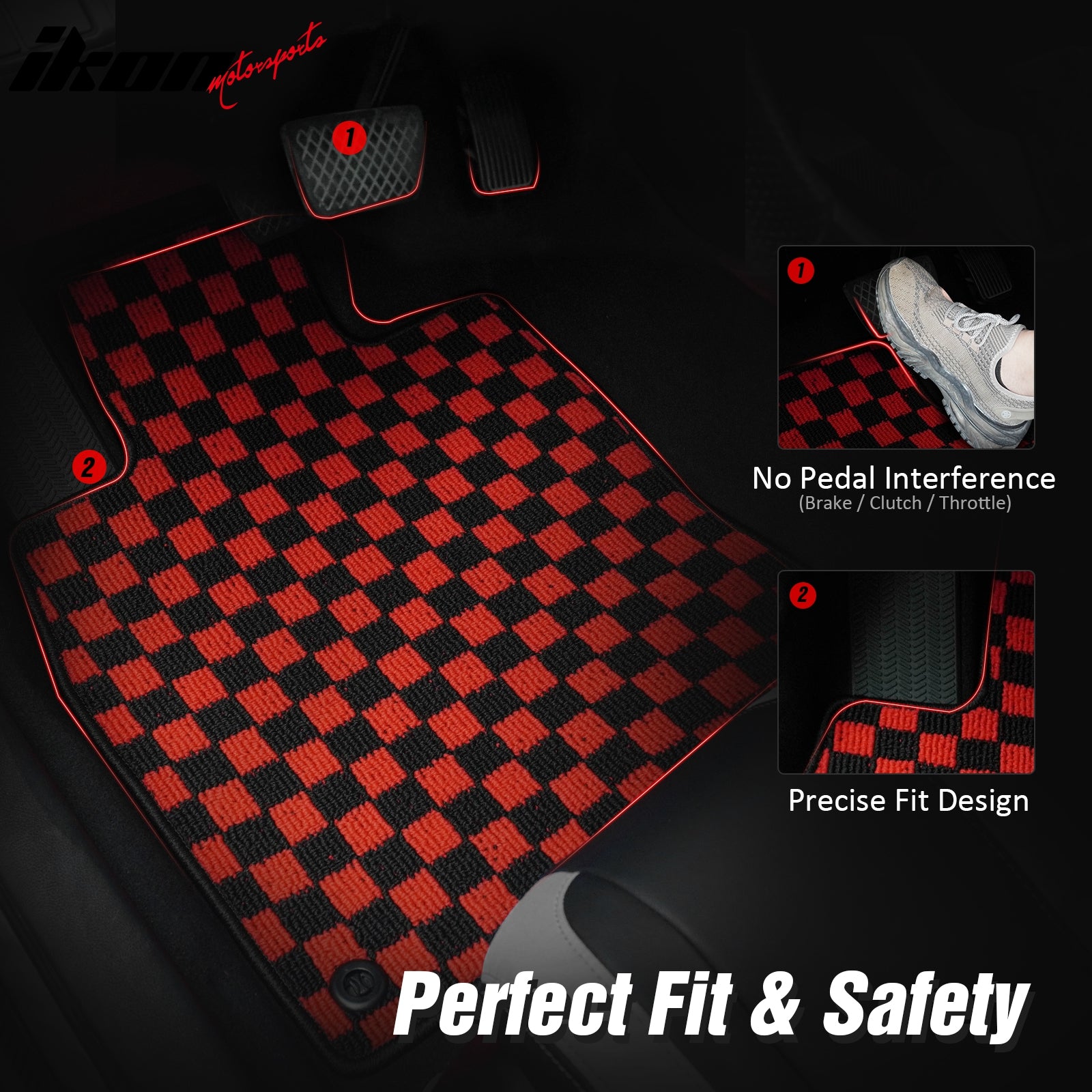 Fits 16-21 Honda Civic Anti-slip Floor Mats Checkered Carpets Black Red Plaid
