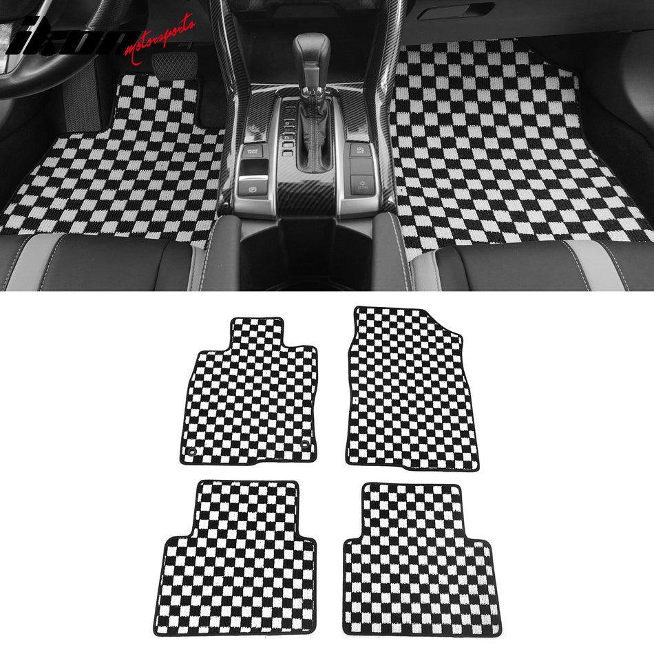2016-2021 Honda Civic Black White Plaid Front Rear Full Set Waterproof Floor Mats Checkered Carpets PP & Loop Pile Surface & TPE Backing 4PCS