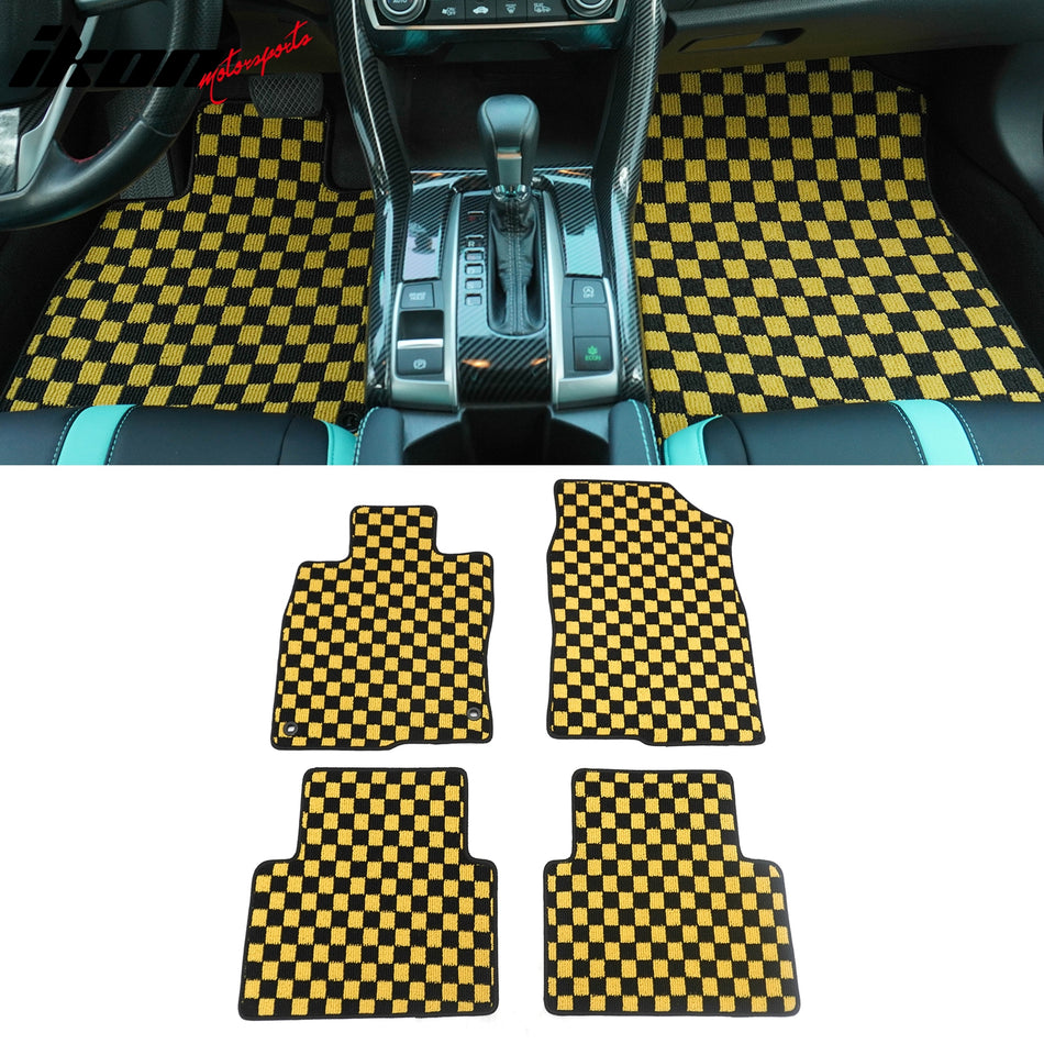 2016-2021 Honda Civic Black Yellow Plaid Front Rear Full Set Waterproof Floor Mats Checkered Carpets PP & Loop Pile Surface & TPE Backing 4PCS