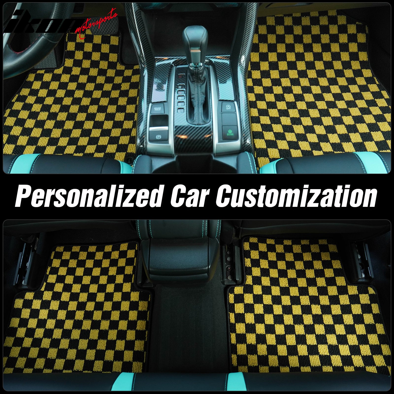 Fits 07-11 Toyota Camry Anti-slip Floor Mats Checkered Carpet Black Yellow Plaid