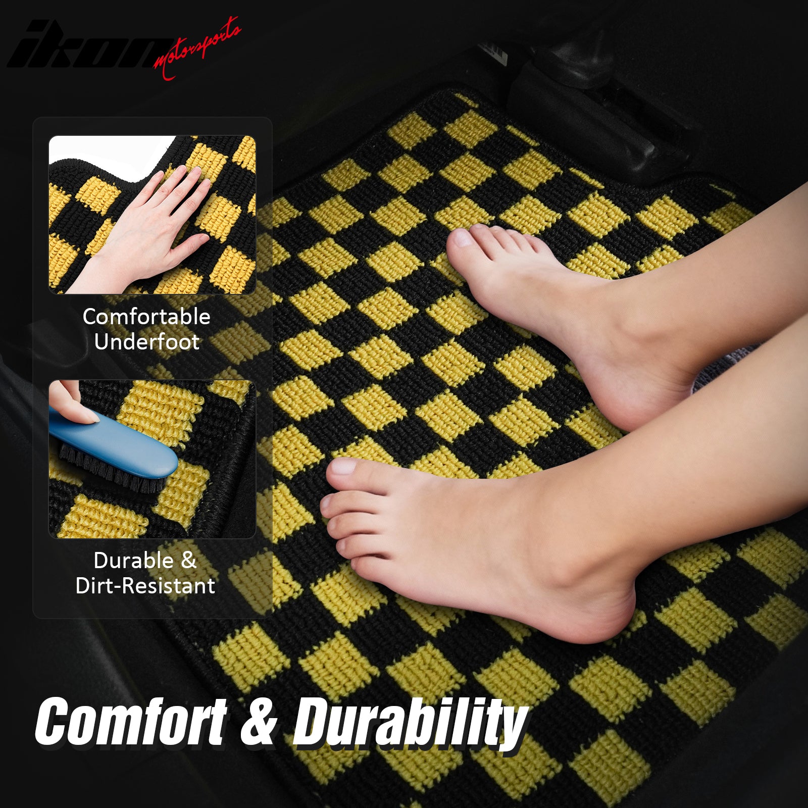Fits 05-09 Ford Mustang Anti-slip Floor Mats Checkered Carpet Black Yellow Plaid