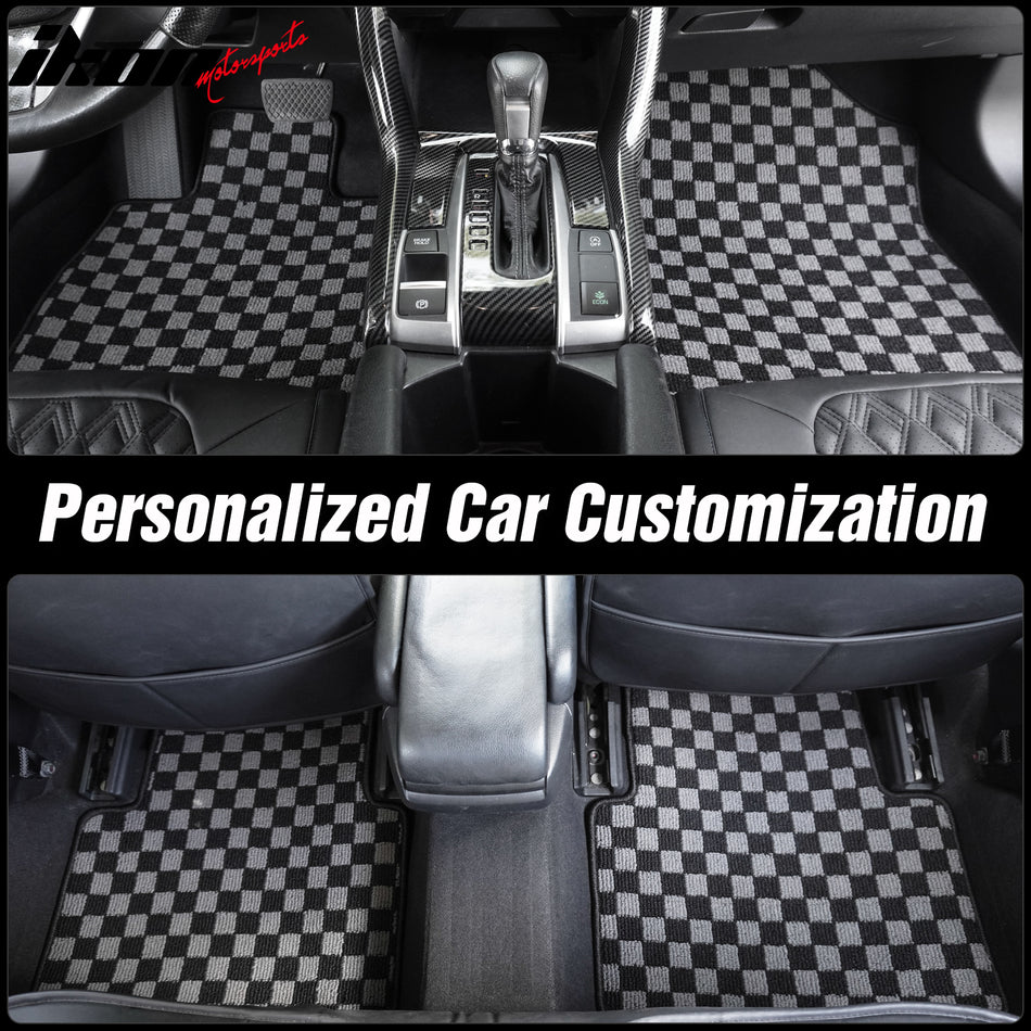 IKON MOTORSPORTS Loop Pile Tufted Car Floor Mats, Compatible With 2015-2020 Honda Fit, Checkered Grey Black Plaid, All weather Anti-Slip 4PCS Set Car Protector Carpets