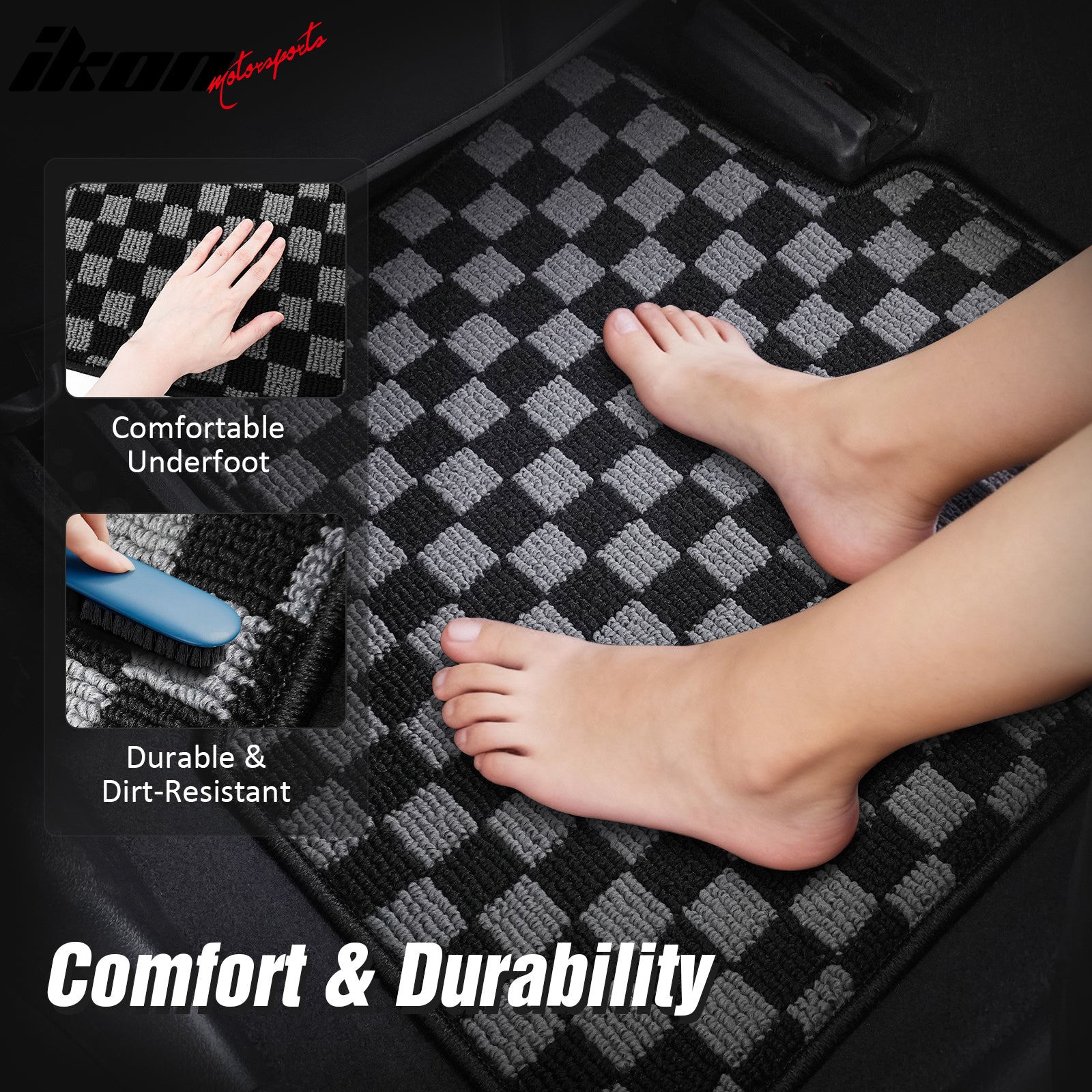 Fits 09-13 Honda Fit GK Floor Mats Non-Slip Carpets Checkered Black Gray Plaid