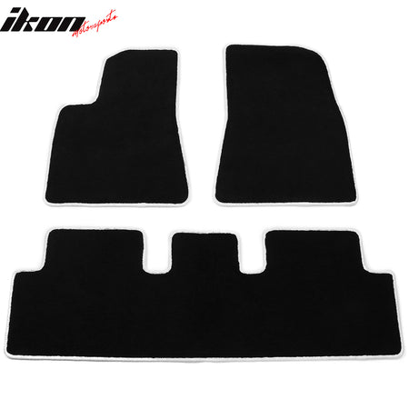 IKON MOTORSPORTS, Floor Mats Compatible With 2017-2023 Tesla Model 3 Sedan 4DR, Black Nylon OE Fitment Style Front & Rear Floor Mats Anti-slip Carpet With White Edge 3PCS, 2018 2019 2020 2021 2022